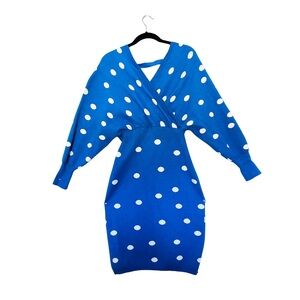 Blue Polka Dot Bodycon Sweater Dress XXL Stretch Knit